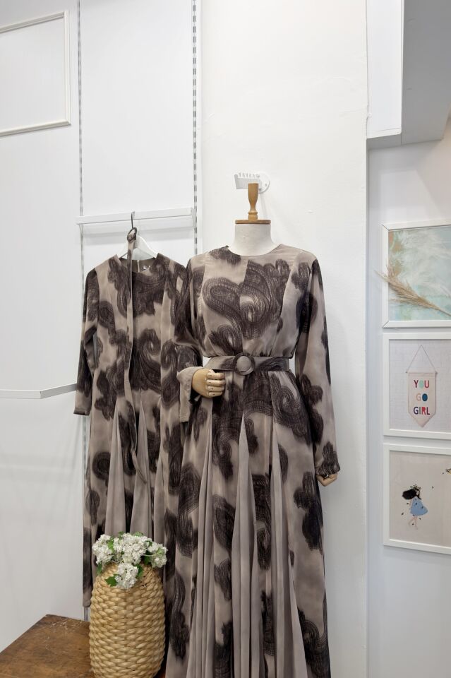 Vizon Desenli Stonella Şifon Elbise