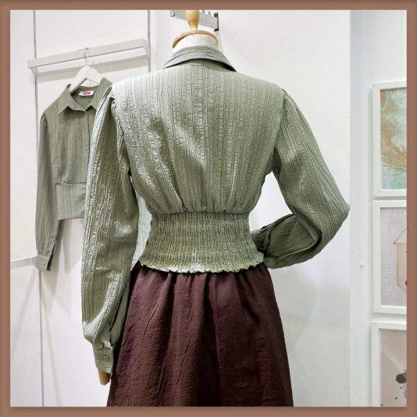 Beli Büzgülü Yeşil Gofre Gömlek