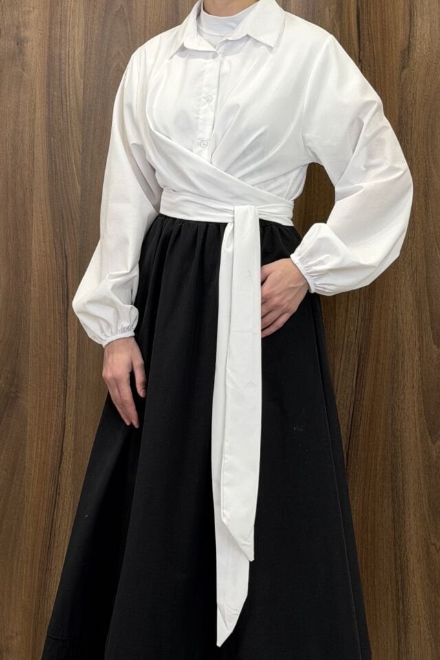 Beyaz Poplin Kumaş Kuşaklı Gömlek