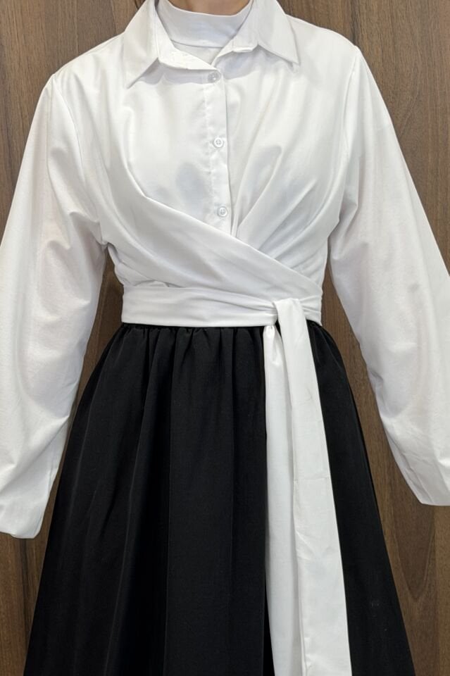 Beyaz Poplin Kumaş Kuşaklı Gömlek