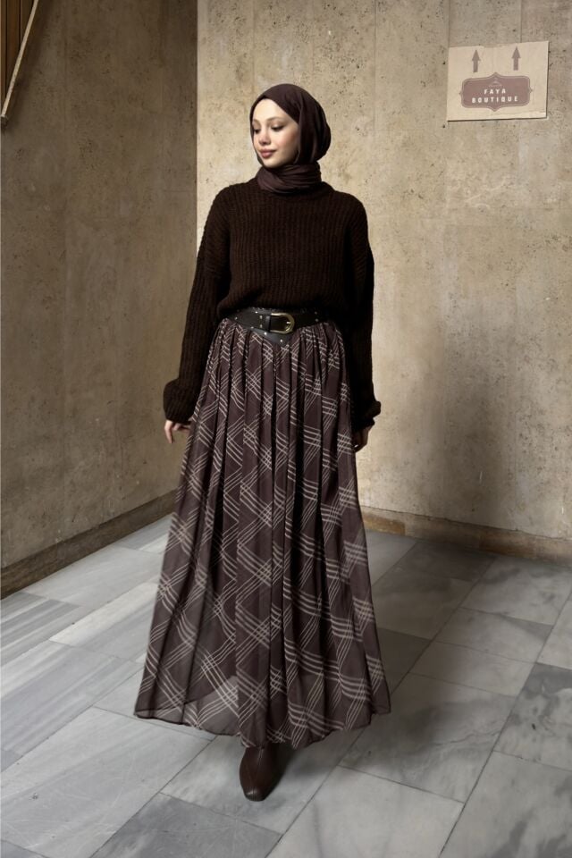 Kahverengi Agnesa Ekoseli Şifon Etek