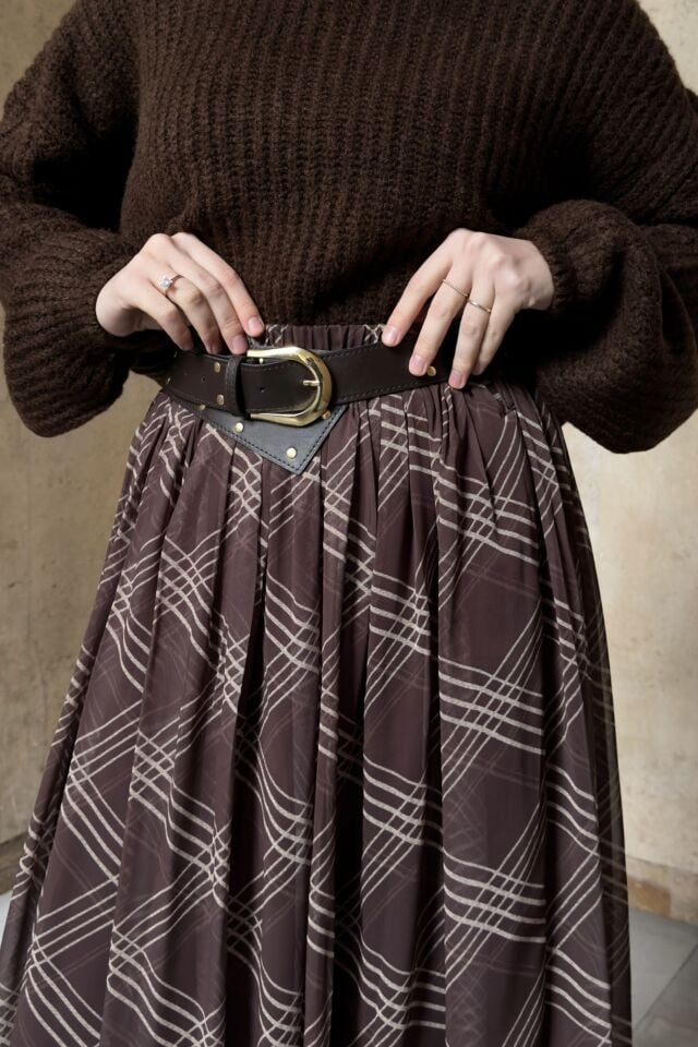 Kahverengi Agnesa Ekoseli Şifon Etek