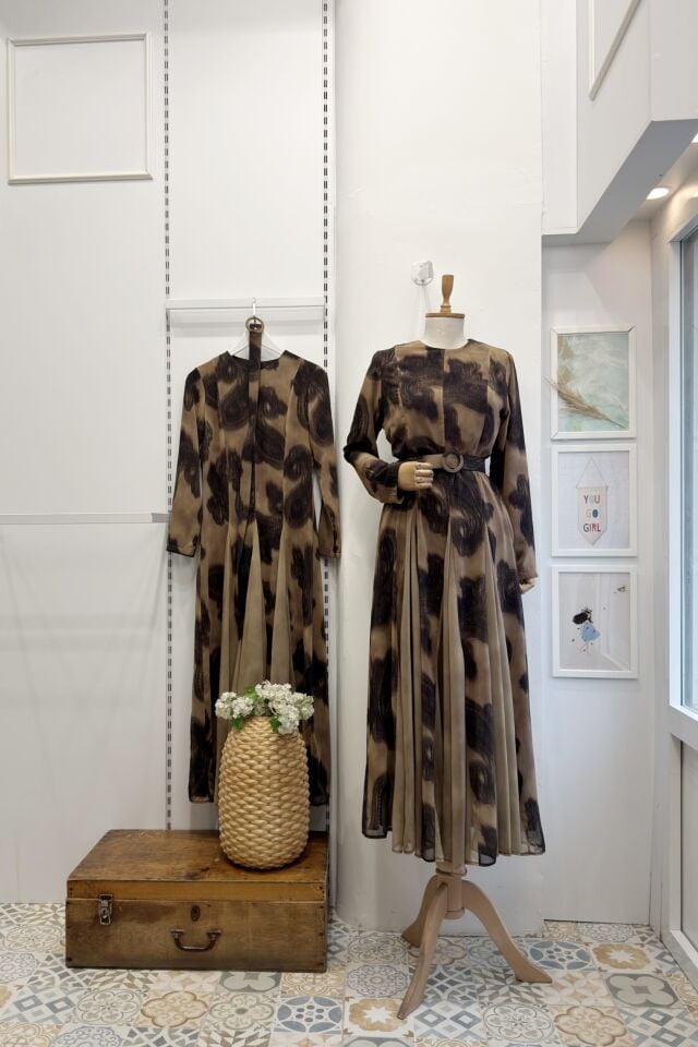 Camel Desenli Stonella Şifon Elbise