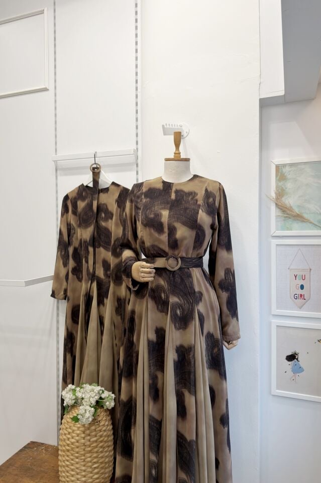 Camel Desenli Stonella Şifon Elbise