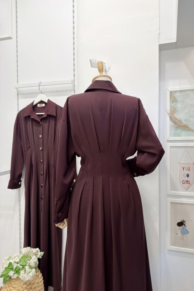 Mürdüm Gold Düğmeli Bel Detaylı Crep Elbise