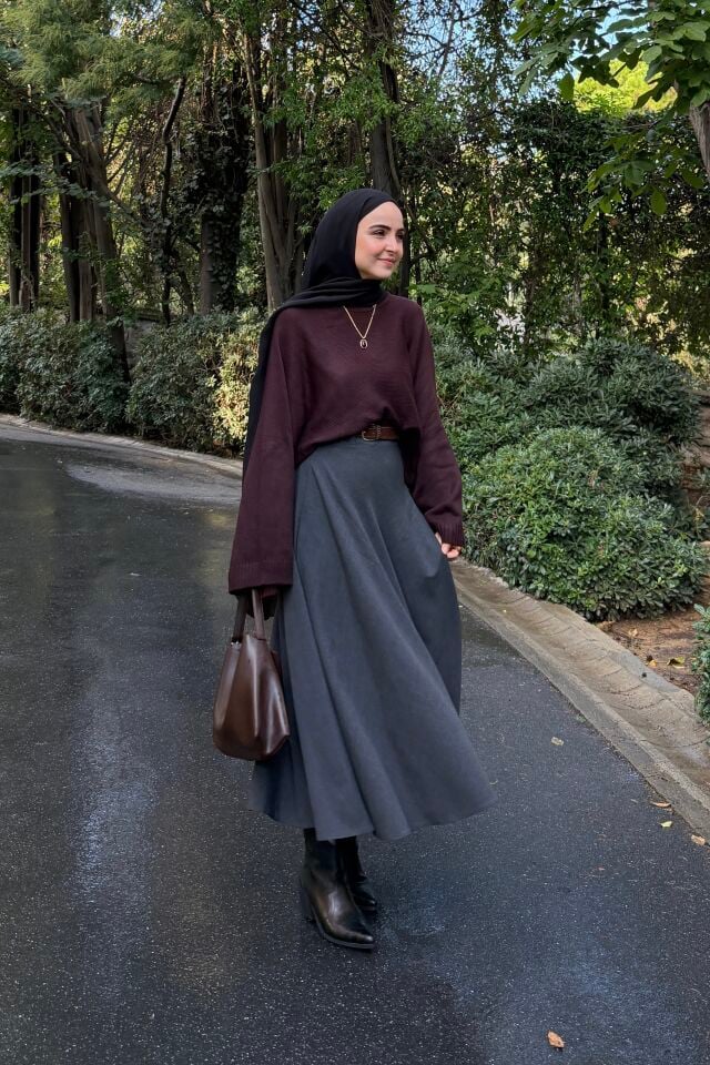Faya Girls x Antrasit Süet Kemerli Yura Kloş Etek