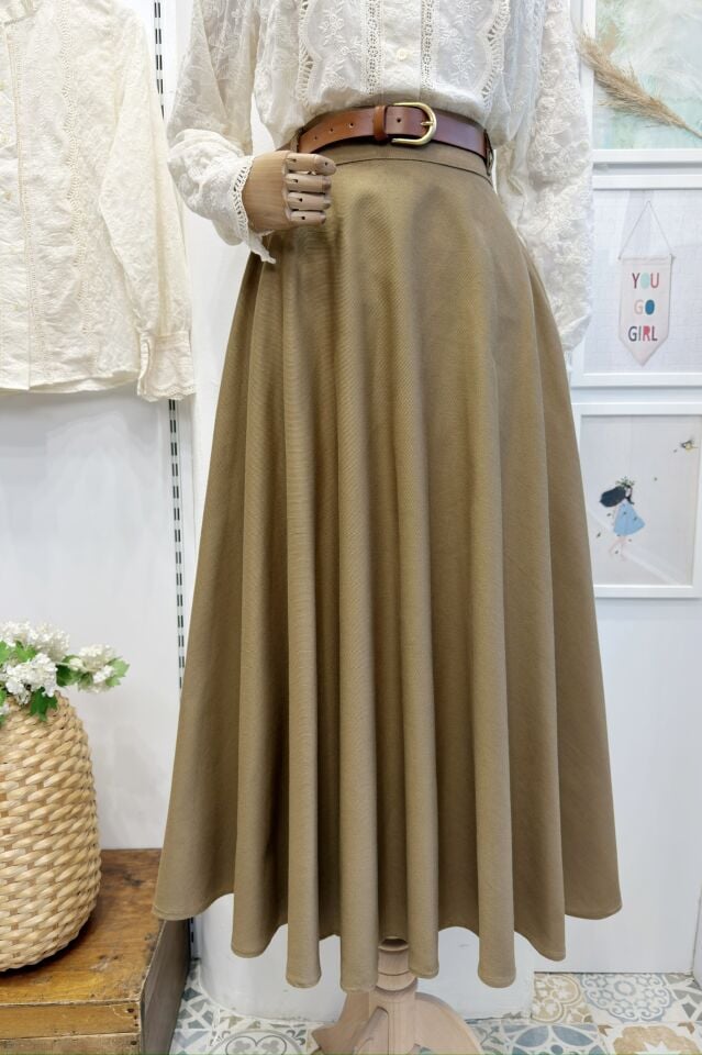 Kemerli Yağ Yeşili Kloş Gabardin Etek