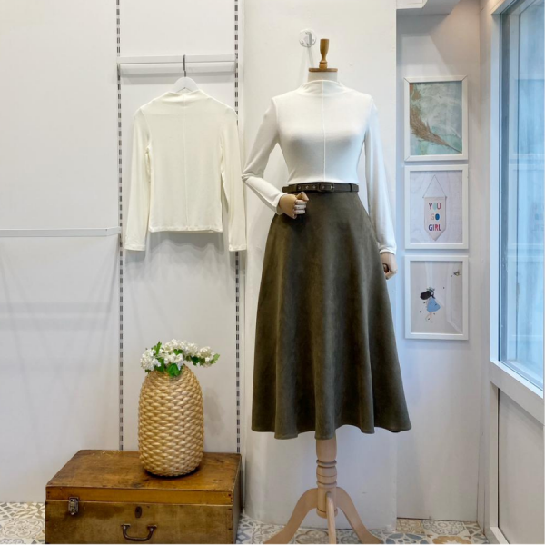 Haki Yeşili Kemerli Süet Etek