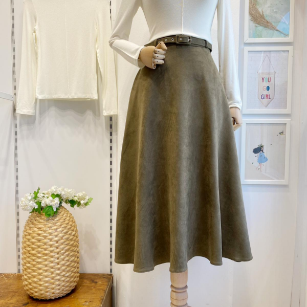 Haki Yeşili Kemerli Süet Etek