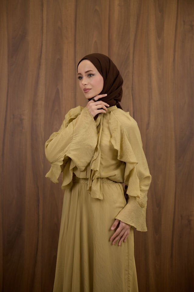 Yağ Yeşili İspanyol Kol Mimosa Şifon Takım