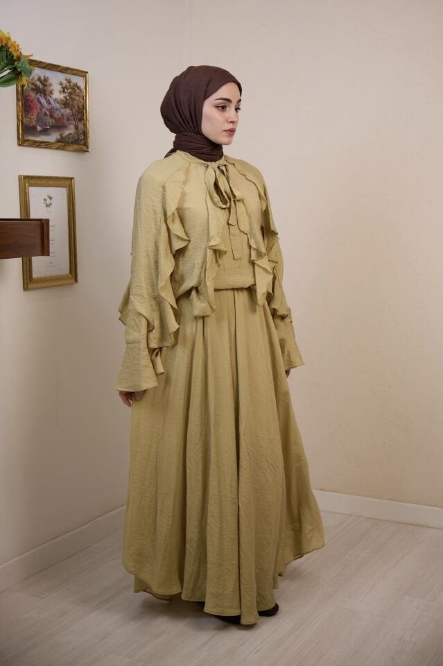 Yağ Yeşili İspanyol Kol Mimosa Şifon Takım