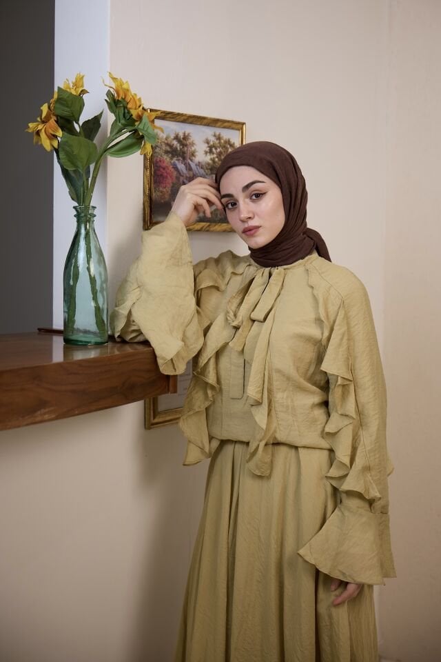 Yağ Yeşili İspanyol Kol Mimosa Şifon Takım