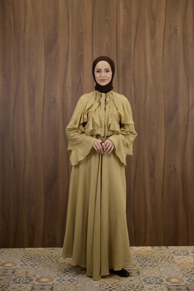 Yağ Yeşili İspanyol Kol Mimosa Şifon Takım