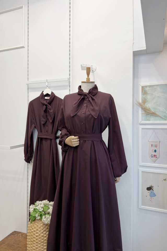 Bordo Fular Detaylı Poplin Elbise