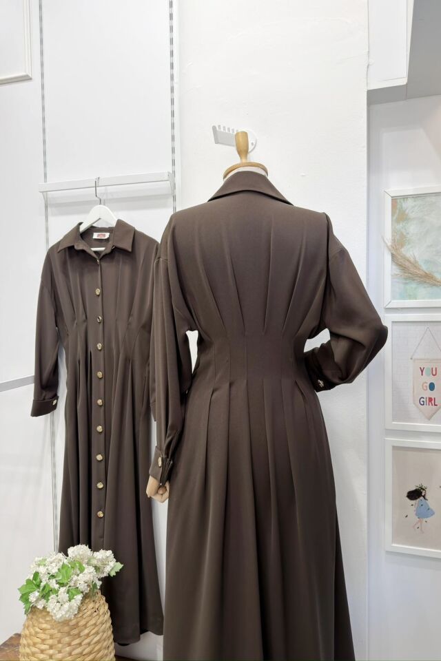 Acı Kahve  Gold Düğmeli Bel Detaylı Crep Elbise