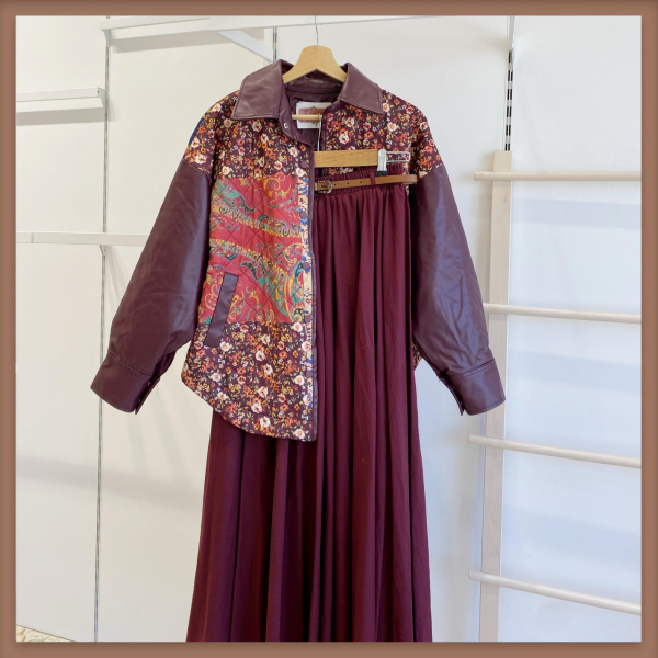Mürdüm Deri Detaylı Patchwork Kapitone Mont