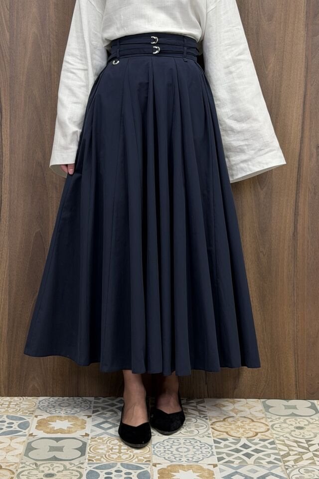 Lacivert İki Kemerli Fiorite Etek