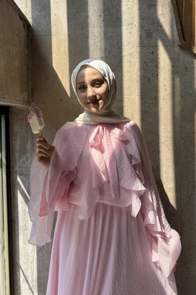 Pembe İspanyol Kol Mimosa Şifon Takım