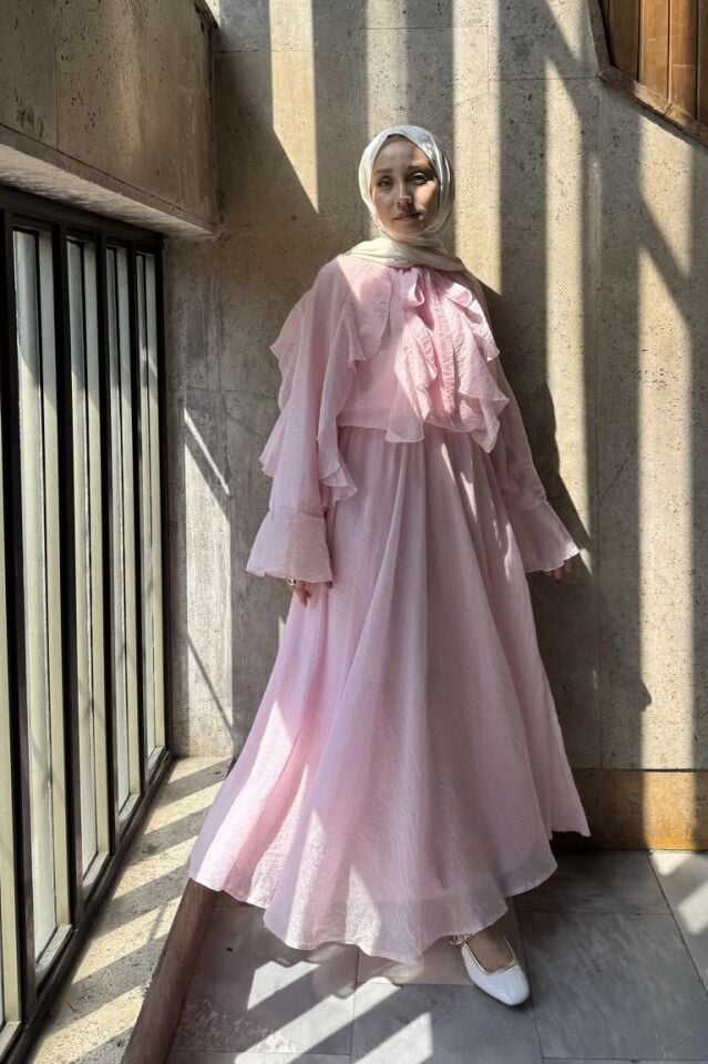 Pembe İspanyol Kol Mimosa Şifon Takım