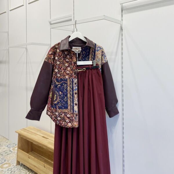 Mürdüm Deri Detaylı Patchwork Kapitone Mont