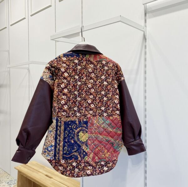 Mürdüm Deri Detaylı Patchwork Kapitone Mont