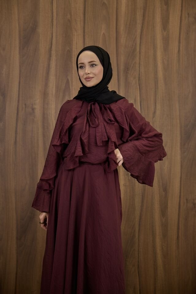 Bordo İspanyol Kol Mimosa Şifon Takım