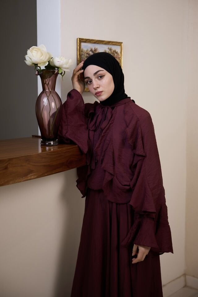 Mürdüm İspanyol Kol Mimosa Şifon Takım