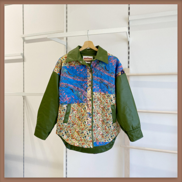 Yeşil Deri Detaylı Patchwork Kapitone Mont