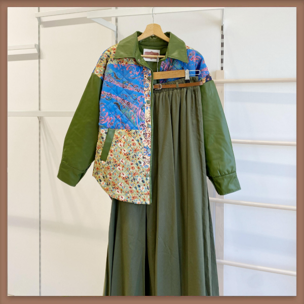 Yeşil Deri Detaylı Patchwork Kapitone Mont