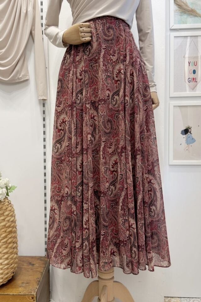 Beli Lastikli Bordo Şal Desen Şifon Etek