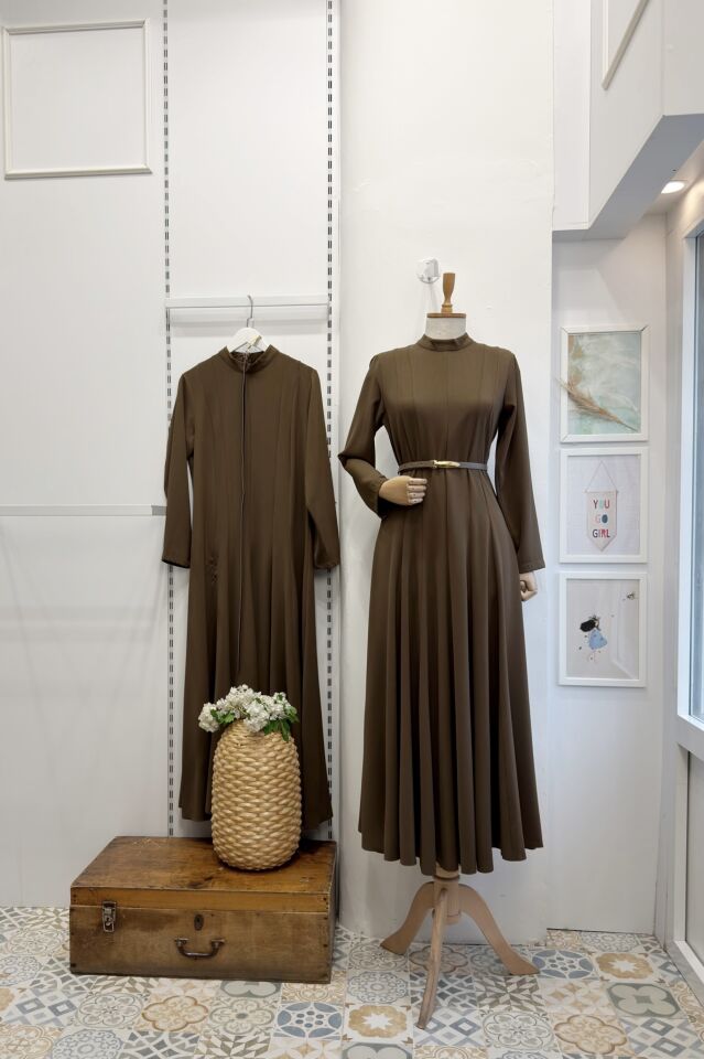 Koyu Vizon Kemer Detaylı Elvira Elbise