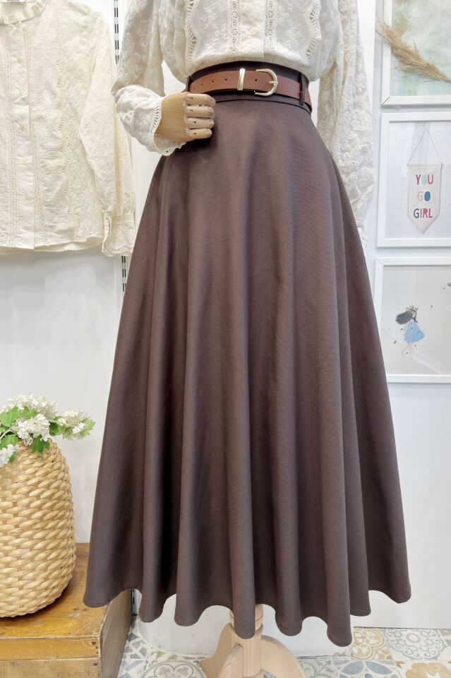 Kemerli Kahverengi Kloş Gabardin Etek