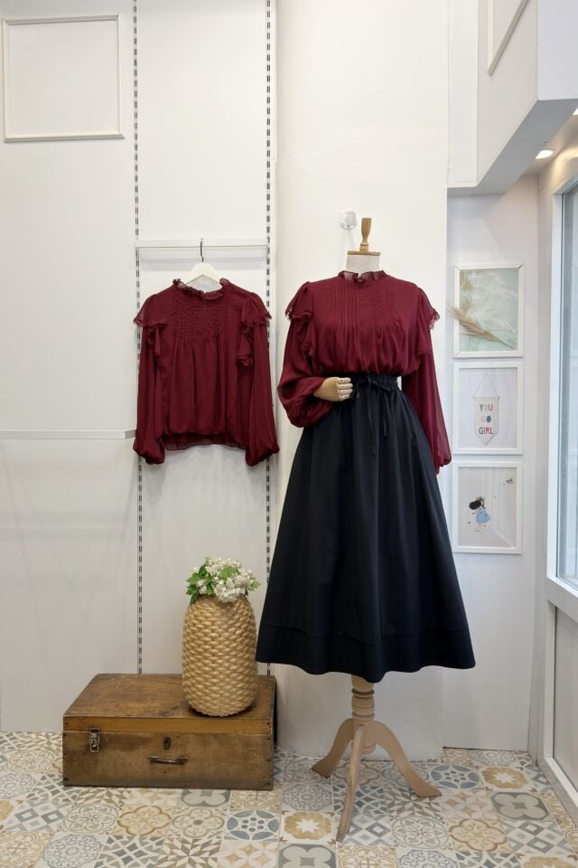 Bordo Nervür Dikişli Volanlı Şifon Gömlek