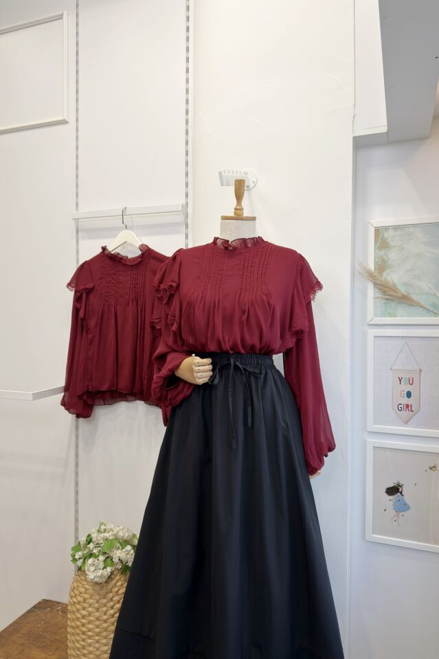 Bordo Nervür Dikişli Volanlı Şifon Gömlek