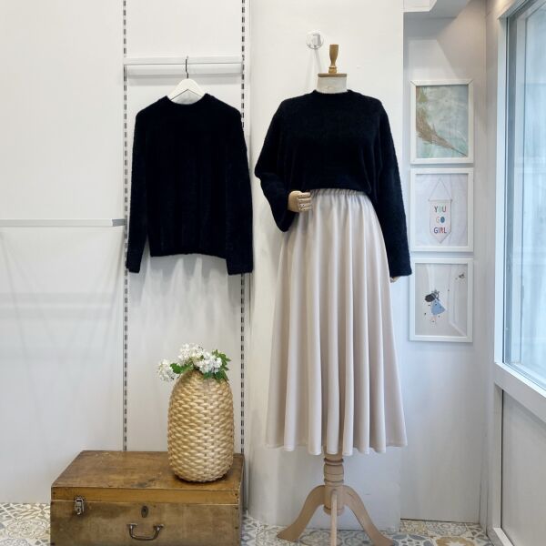 Beli Lastikli Krem Crep Kloş Etek