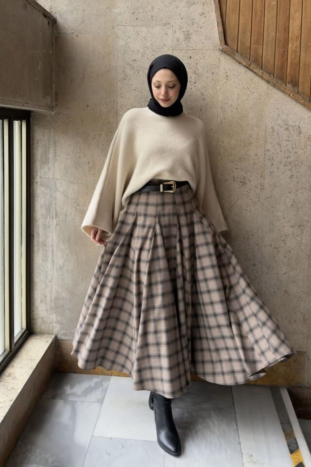 Taş Rengi Deri Kemerli Ekoseli Grazia Etek