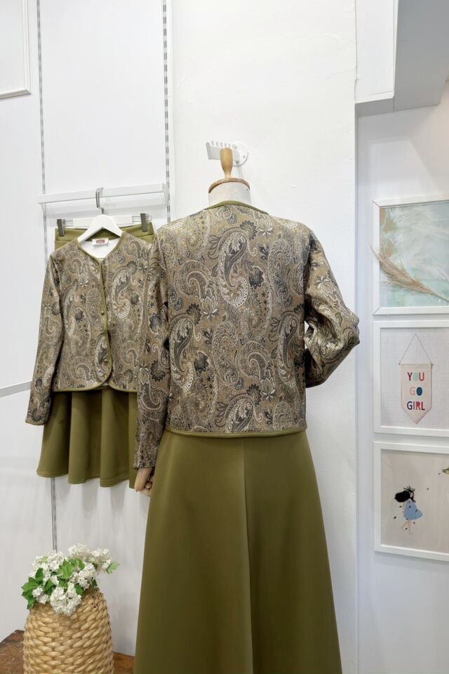 Yağ Yeşili Etnik Desenli Scuba Takım