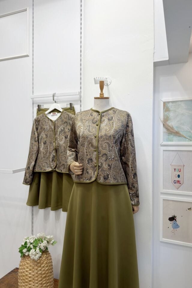 Yağ Yeşili Etnik Desenli Scuba Takım