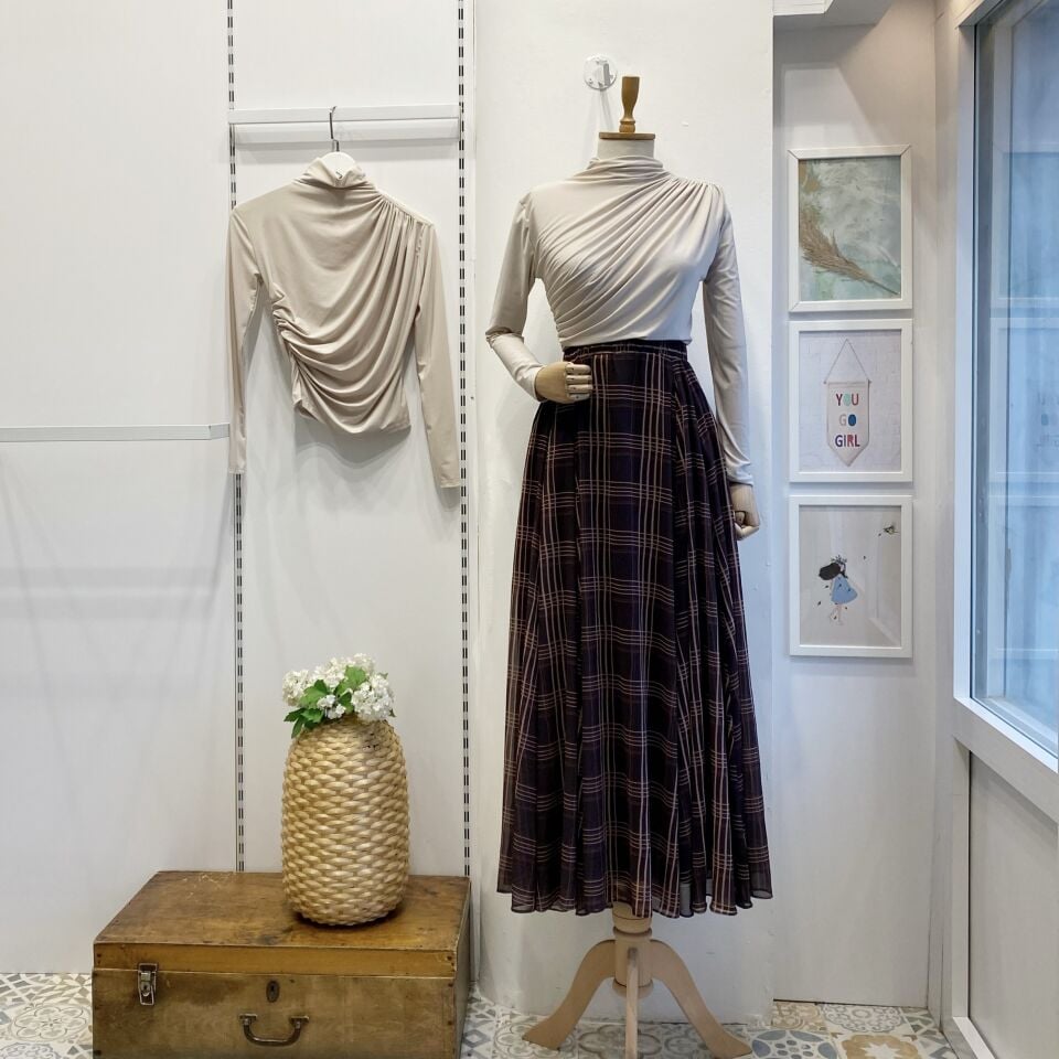 Kahverengi Beli Lastikli  Ekose Desen Şifon Etek