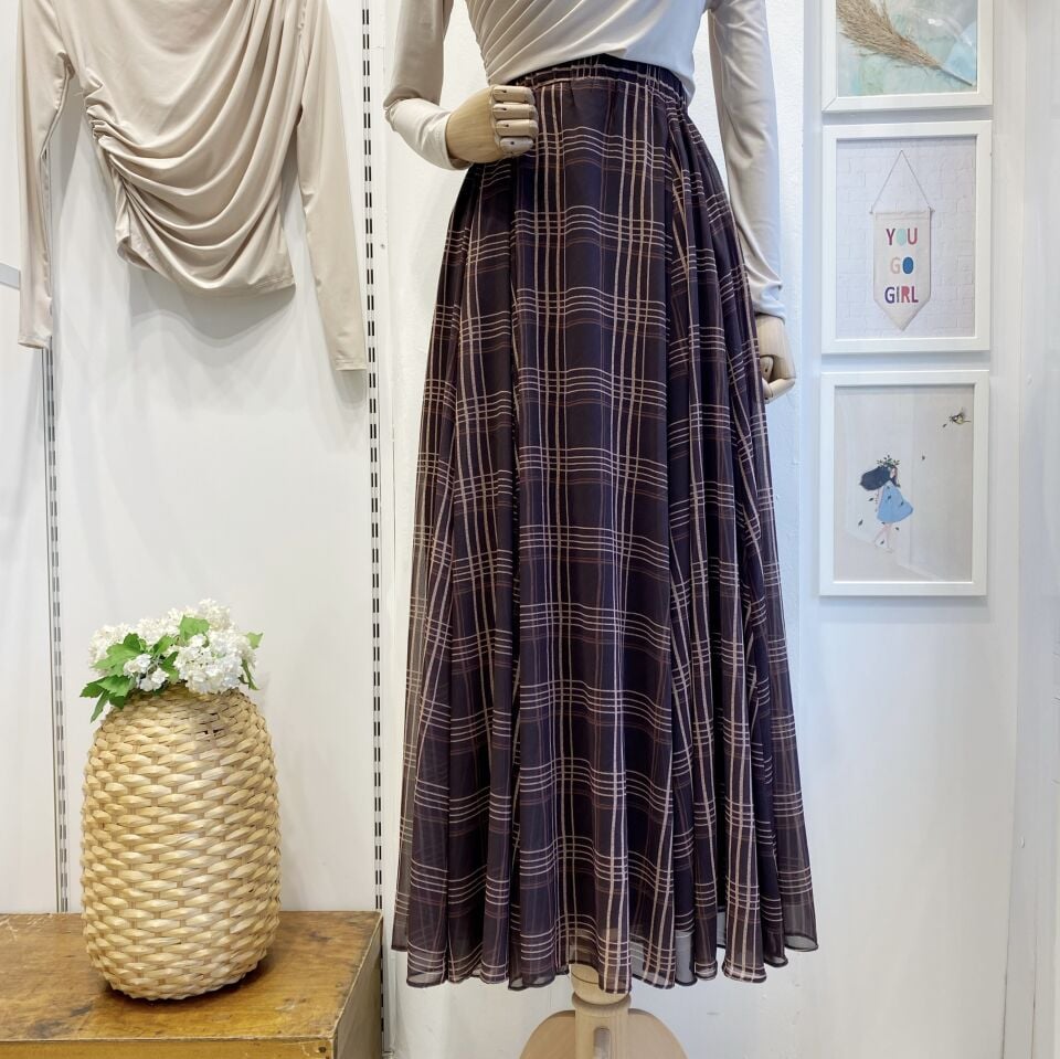 Kahverengi Beli Lastikli  Ekose Desen Şifon Etek