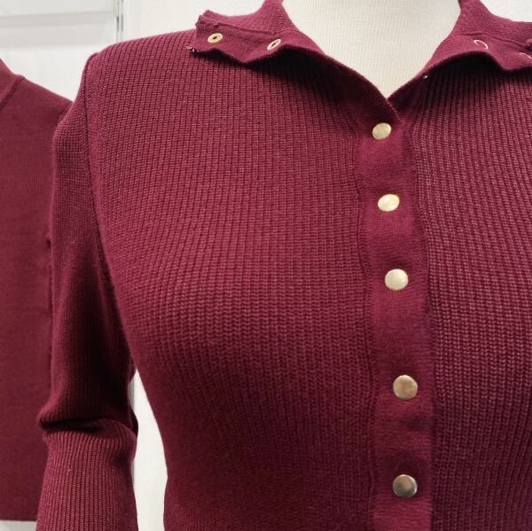 Vişne Dik Yaka Düğmeli Triko Bluz