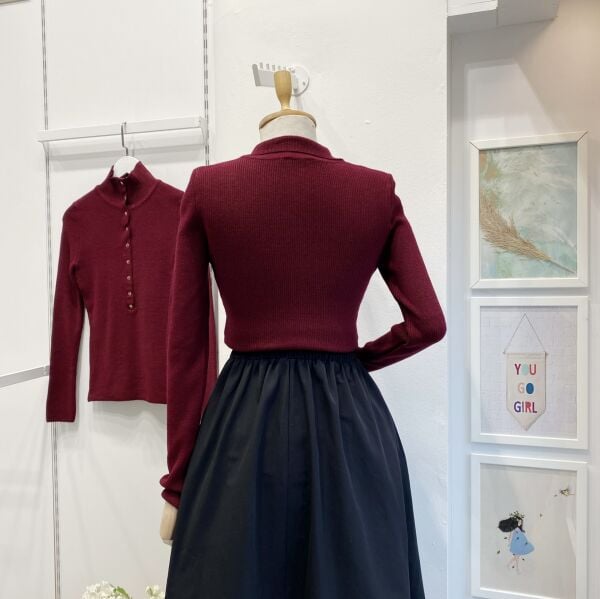 Vişne Dik Yaka Düğmeli Triko Bluz