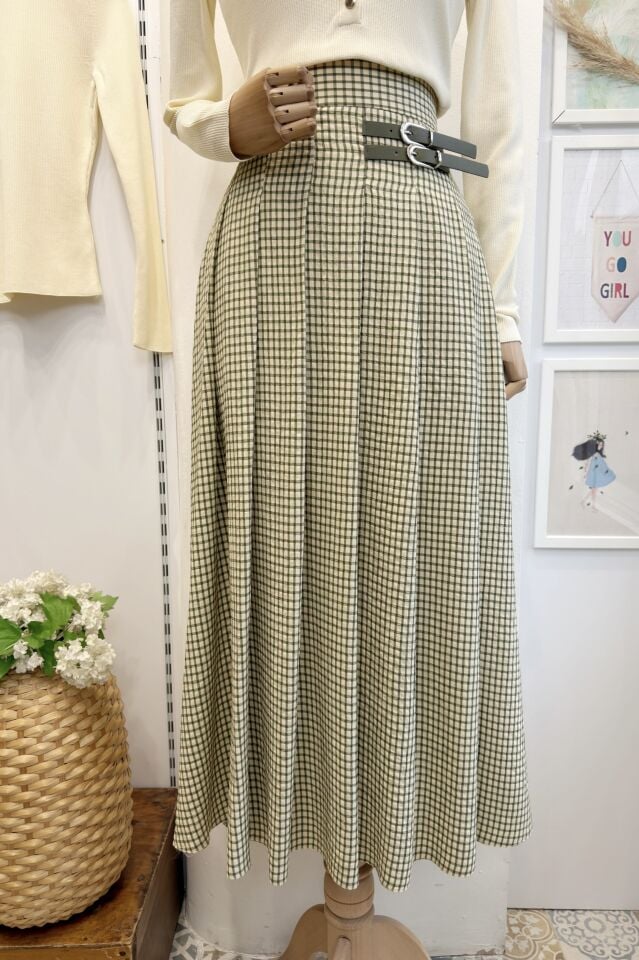 Krem Yeşil Kemer Detaylı Pötikare Solenne Etek