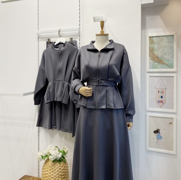 Gri Fermuar Detaylı Scuba Takım