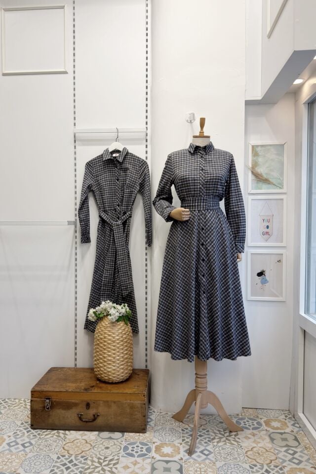 Minik Ekoseli Vizon Lacivert Elbise