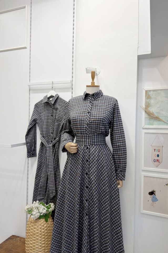 Minik Ekoseli Vizon Lacivert Elbise