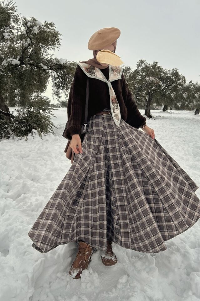 Faya Girls x Acı Kahve Deri Kemerli Ekose Grazia Etek