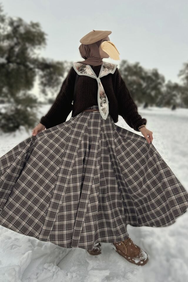 Faya Girls x Acı Kahve Deri Kemerli Ekoseli Grazia Etek