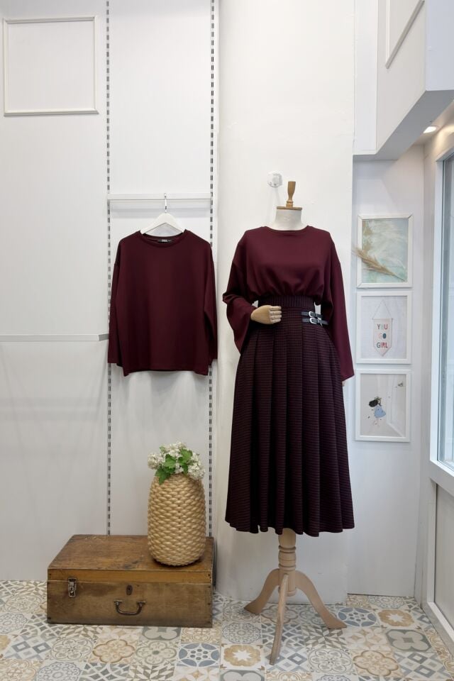 Bordo Kemer Detaylı Pötikare Solenne Etek