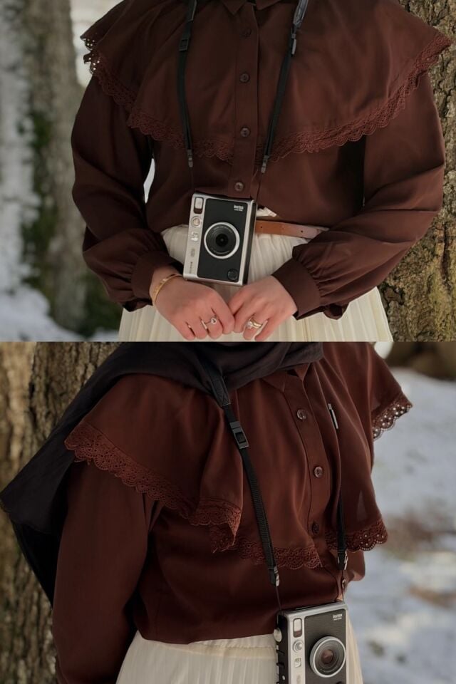 Faya Girls x Kahverengi Fisto Şeritli Pelerin Detaylı Gömlek